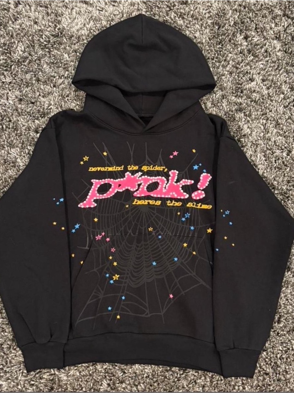 Black Graphic Pullover Hoodie with Pink and Multicolor Star Accents